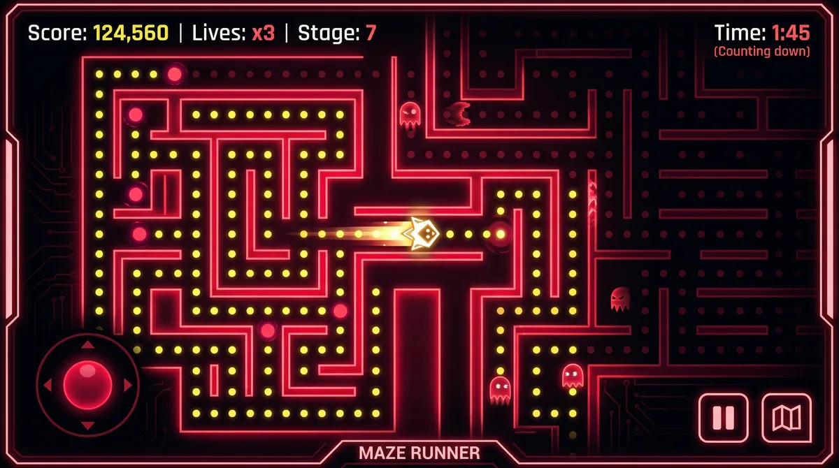 Colourful top-down maze game with a character navigating winding paths, Olpy Chase maze-runner game for Olper's